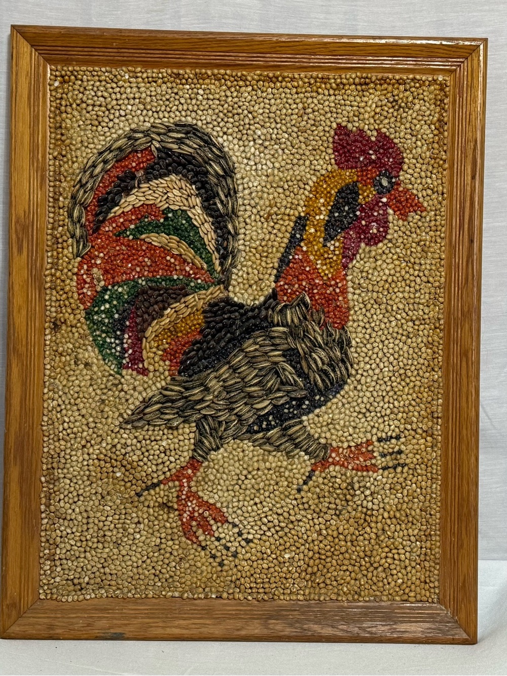 Vintage Handmade Seed Bean Mosaic Rooster Folk Art Wall Hanging